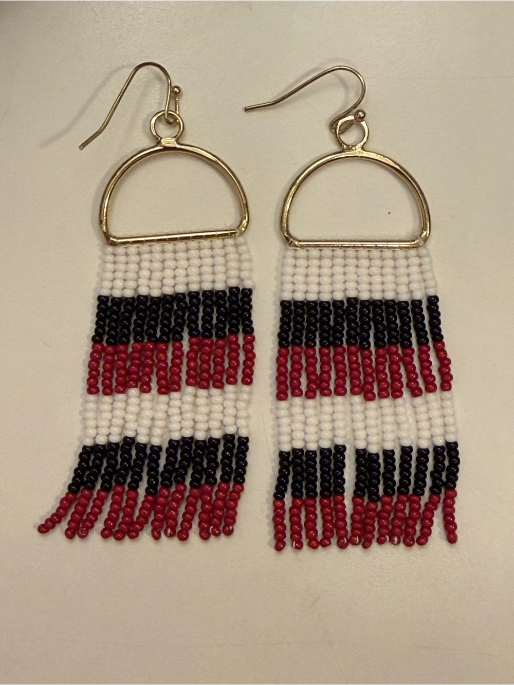 Beaded Fringe Drop Earrings with Gold-Tone Arch - White, Black & Red